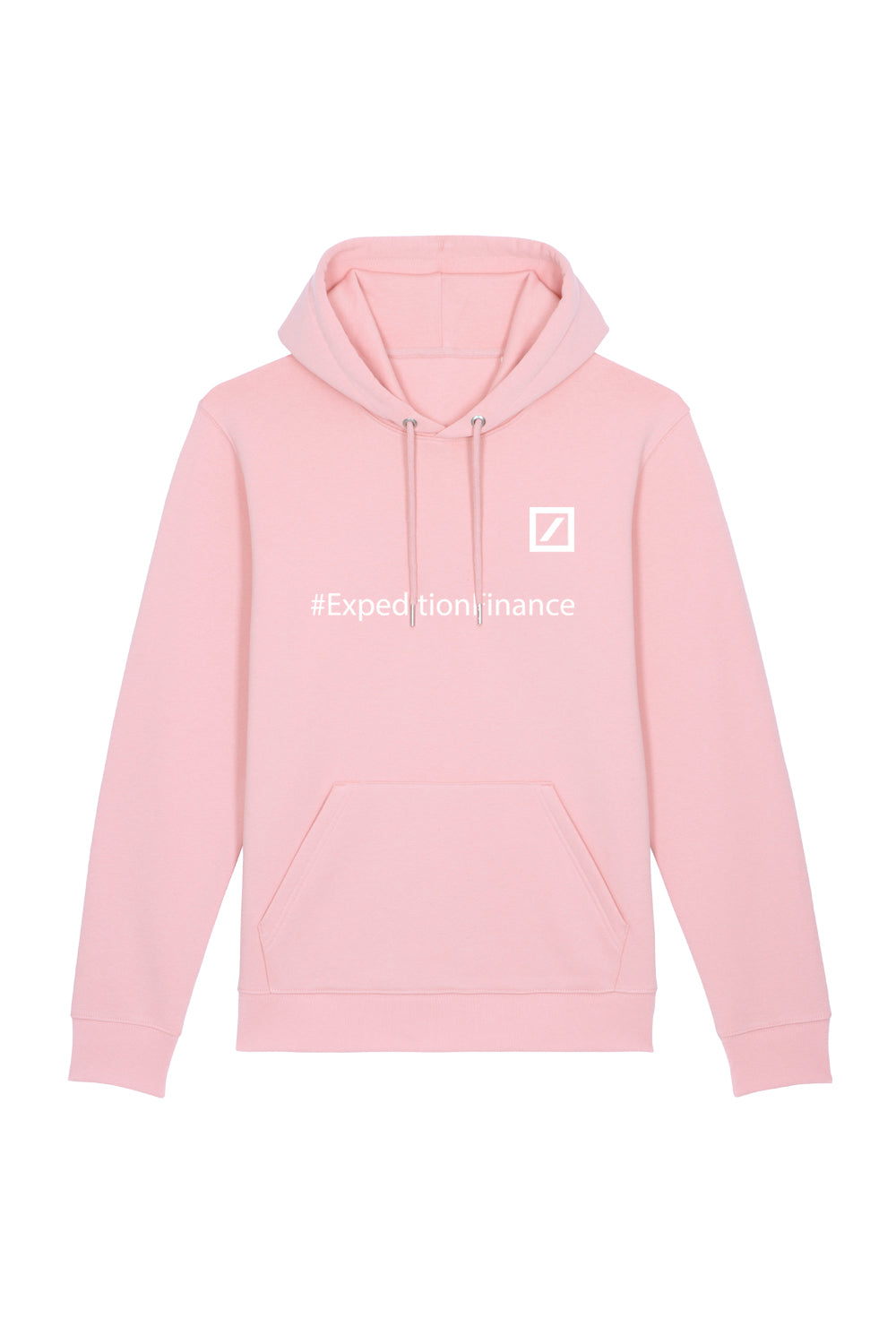 Rosa Kapuzenpullover mit Kängurutasche, Zugkordeln und weißem Frontprint. Der Druck zeigt das Logo der Deutschen Bank sowie den Schriftzug „#ExpeditionFinance“ auf Brusthöhe.