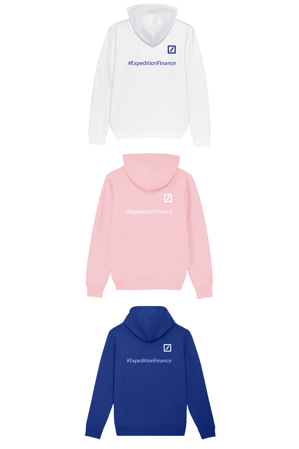 Drei Kapuzenpullover von hinten in Weiß, Rosa und Blau. Alle zeigen mittig zwischen Schulterblättern das Logo der Deutschen Bank und darunter den Hashtag „#ExpeditionFinance“ in der jeweiligen Kontrastfarbe.